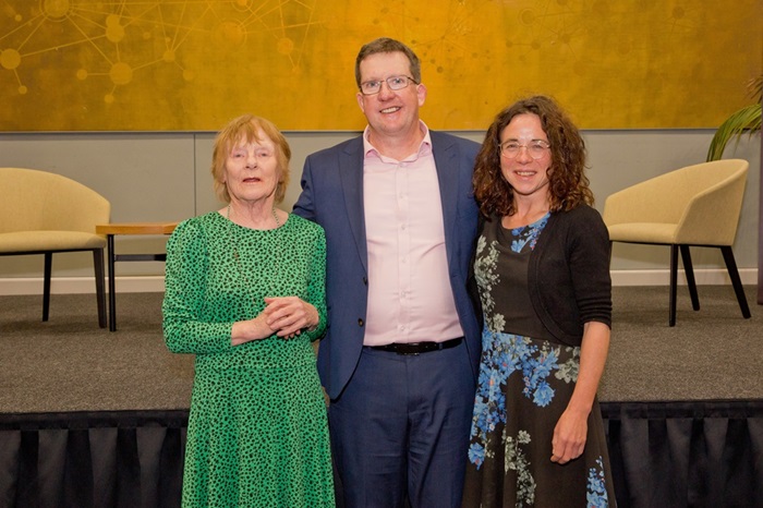 A photo of Maureen Daly, Professor Breandan Kennedy, and Hilary Daly